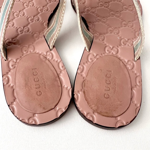 GUCCI || Interlocking GG Light Pink Blue Web Stripe Thong Sandal Flip Flop 7 - Picture 8 of 11